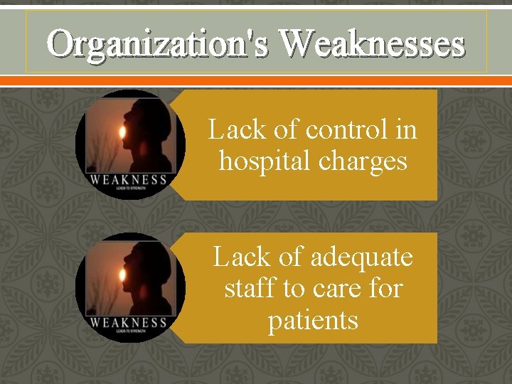 Organization's Weaknesses Lack of control in hospital charges Lack of adequate staff to care