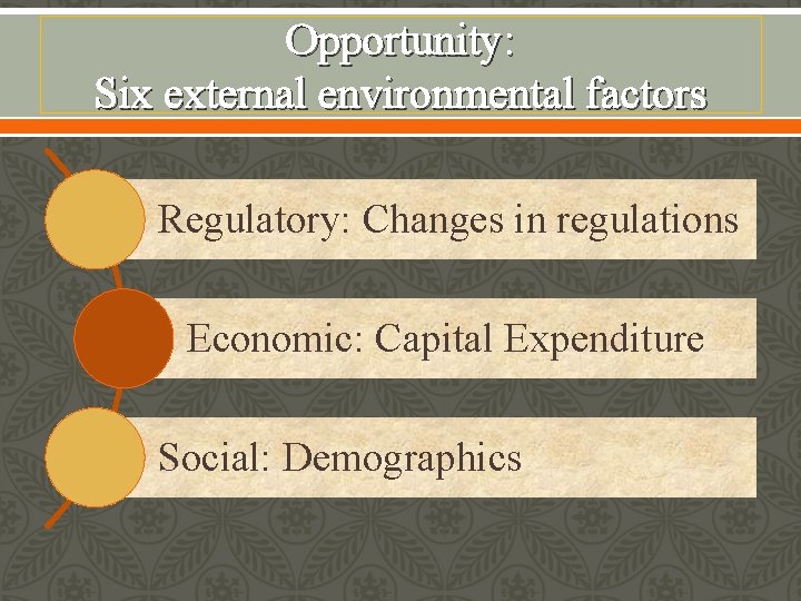 Opportunity: Six external environmental factors Regulatory: Changes in regulations Economic: Capital Expenditure Social: Demographics