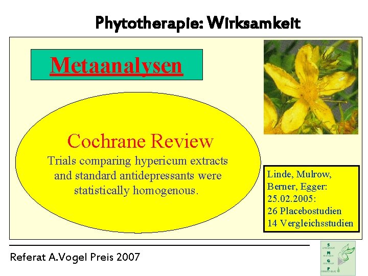 Phytotherapie: Wirksamkeit Metaanalysen Cochrane Review Trials comparing hypericum extracts and standard antidepressants were statistically