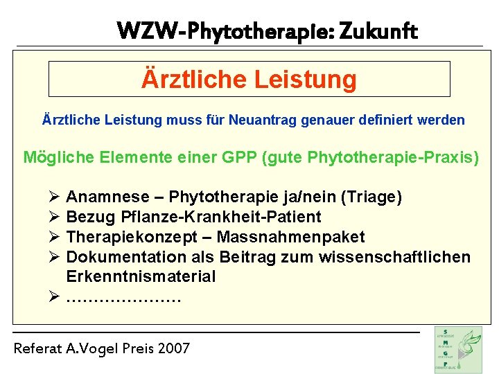 WZW-Phytotherapie: Zukunft Ärztliche Leistung muss für Neuantrag genauer definiert werden Mögliche Elemente einer GPP