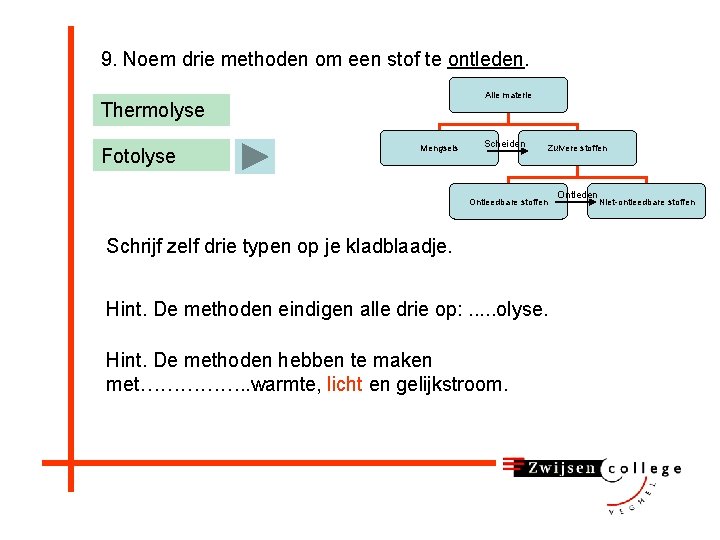 9. Noem drie methoden om een stof te ontleden. Alle materie Thermolyse Fotolyse Mengsels