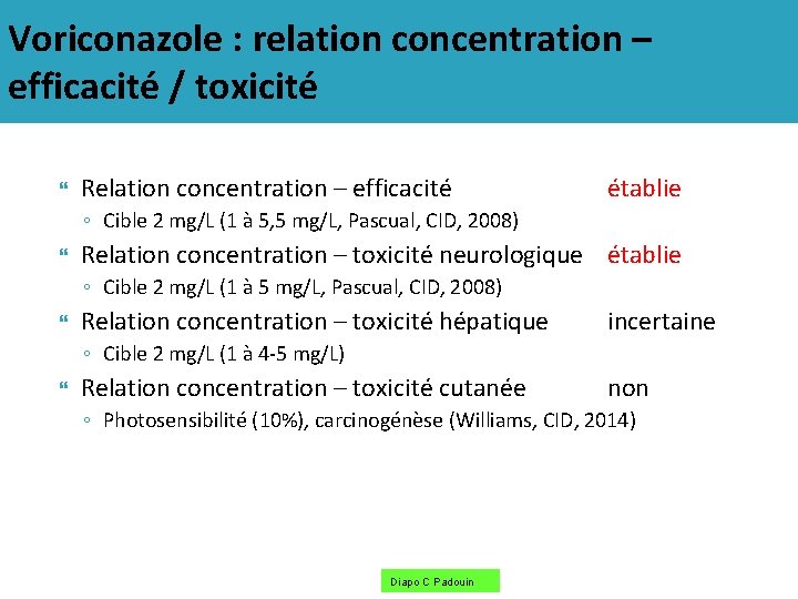 Voriconazole : relation concentration – efficacité / toxicité Relation concentration – efficacité établie ◦