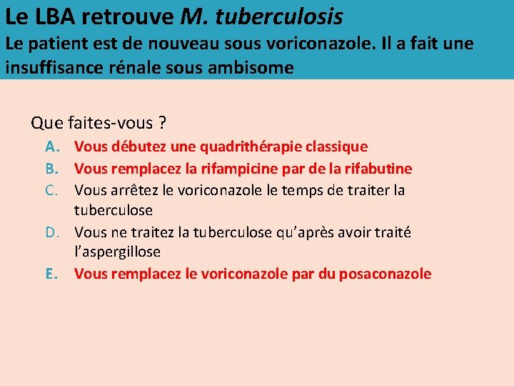 Le LBA retrouve M. tuberculosis Le patient est de nouveau sous voriconazole. Il a