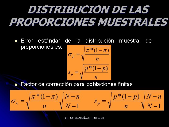 DISTRIBUCION DE LAS PROPORCIONES MUESTRALES l Error estándar de la distribución muestral de proporciones