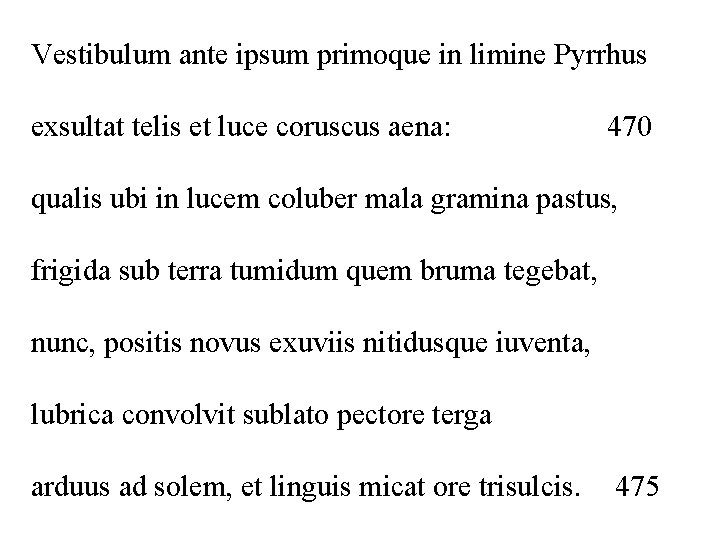 Vestibulum ante ipsum primoque in limine Pyrrhus exsultat telis et luce coruscus aena: 470