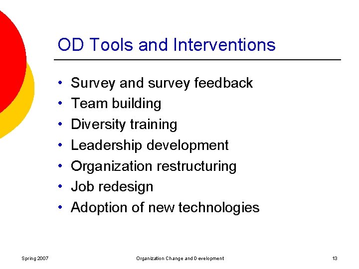 OD Tools and Interventions • • Spring 2007 Survey and survey feedback Team building