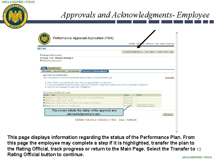 UNCLASSIFIED / FOUO Approvals and Acknowledgments- Employee This screen details the status of the