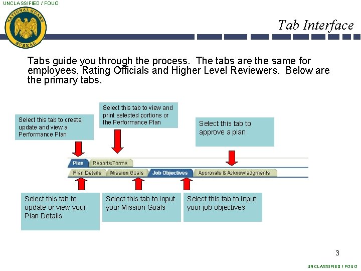 UNCLASSIFIED / FOUO Tab Interface Tabs guide you through the process. The tabs are