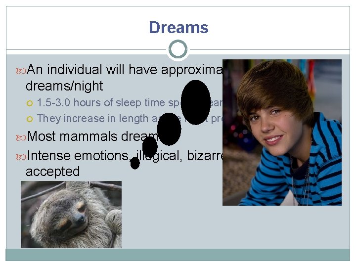 Dreams An individual will have approximately 4 -5 dreams/night 1. 5 -3. 0 hours