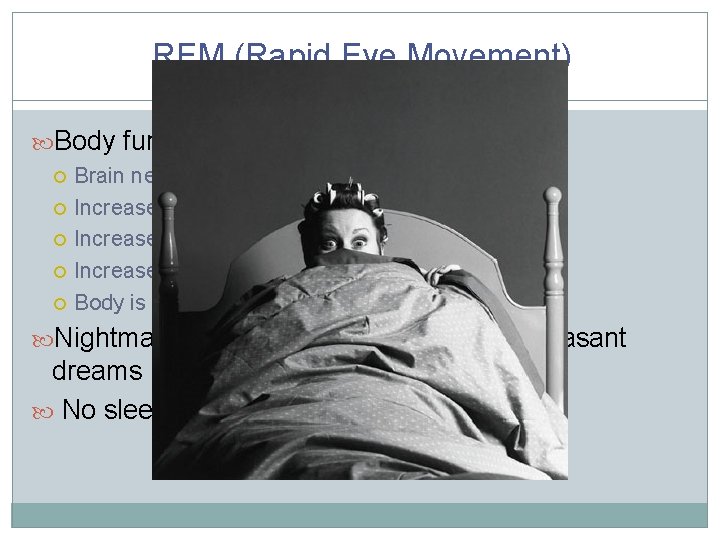 REM (Rapid Eye Movement) Body functions during REM Brain neurons fire more Increased blood