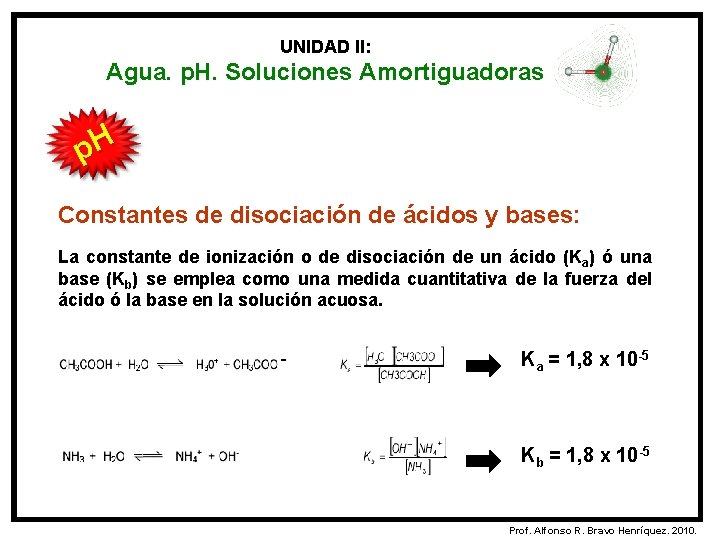 UNIDAD II: Agua. p. H. Soluciones Amortiguadoras p. H Constantes de disociación de ácidos