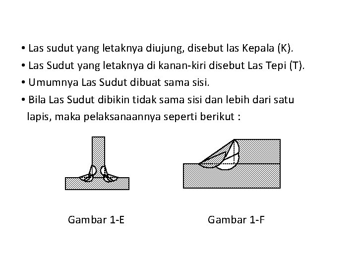  • Las sudut yang letaknya diujung, disebut las Kepala (K). • Las Sudut