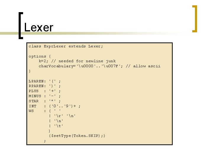 Lexer class Expr. Lexer extends Lexer; options { k=2; // needed for newline junk