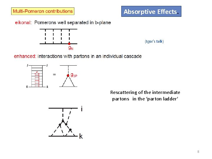 Absorptive Effects. (Igor’s talk) Rescattering of the intermediate partons in the ‘parton ladder’ 8