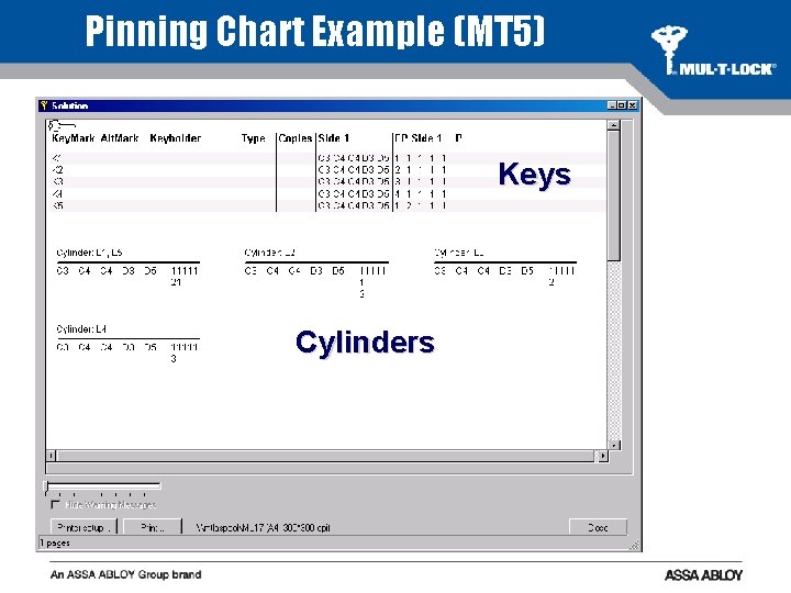 Pinning Chart Example (MT 5) Keys Cylinders 