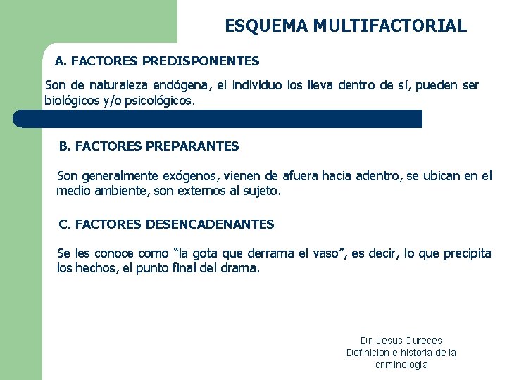 ESQUEMA MULTIFACTORIAL A. FACTORES PREDISPONENTES Son de naturaleza endógena, el individuo los lleva dentro ESQUEMA MULTIFACTORIAL A. FACTORES PREDISPONENTES Son de naturaleza endógena, el individuo los lleva dentro