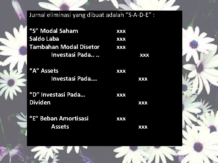 Jurnal eliminasi yang dibuat adalah “S-A-D-E” : “S” Modal Saham Saldo Laba Tambahan Modal