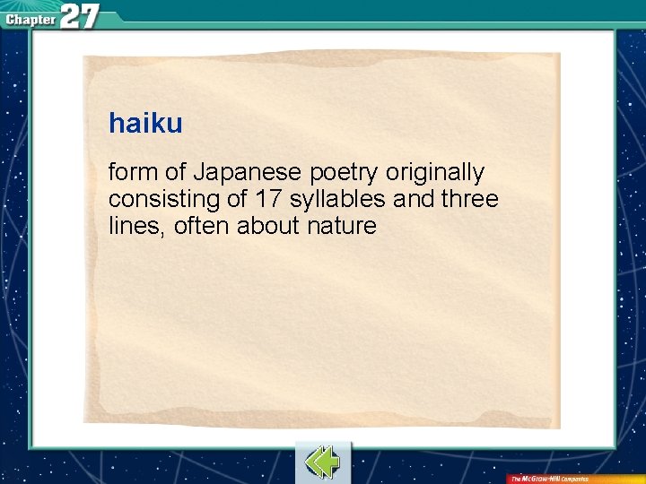 haiku form of Japanese poetry originally consisting of 17 syllables and three lines, often