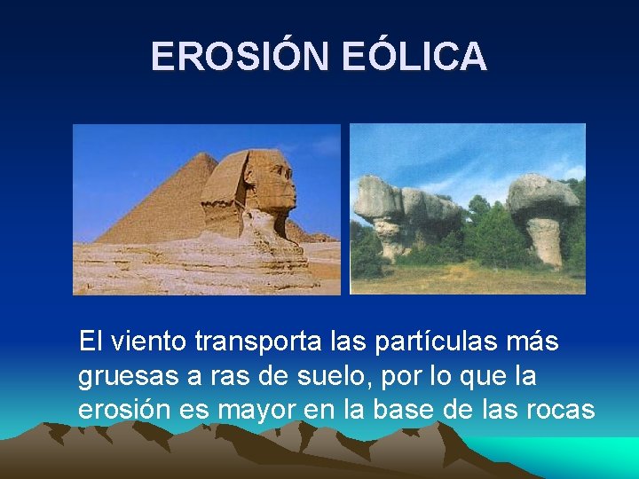 EROSIÓN EÓLICA El viento transporta las partículas más gruesas a ras de suelo, por