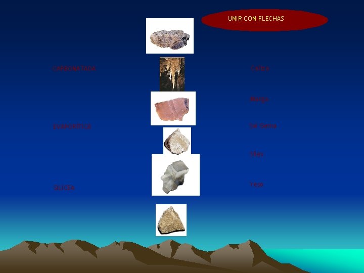 UNIR CON FLECHAS CARBONATADA Caliza Marga EVAPORÍTICA Sal Gema Sílex SILÍCEA Yeso 