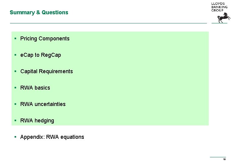 Summary & Questions § Pricing Components § e. Cap to Reg. Cap § Capital Summary & Questions § Pricing Components § e. Cap to Reg. Cap § Capital