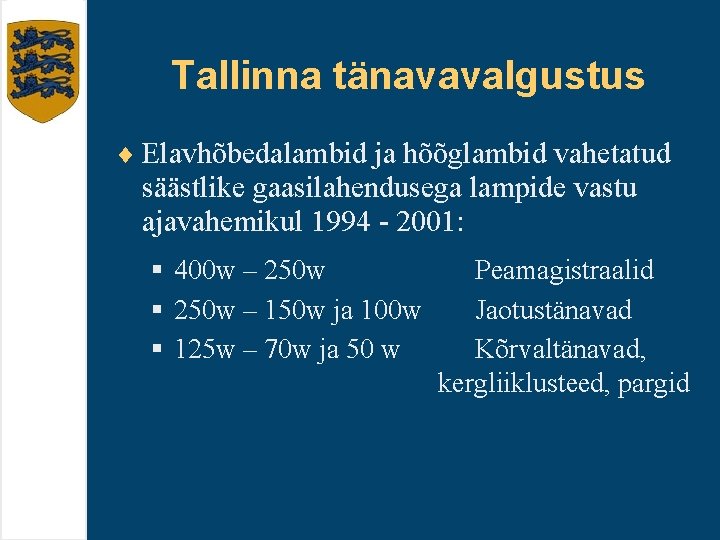 Tallinna tänavavalgustus ¨ Elavhõbedalambid ja hõõglambid vahetatud säästlike gaasilahendusega lampide vastu ajavahemikul 1994 -