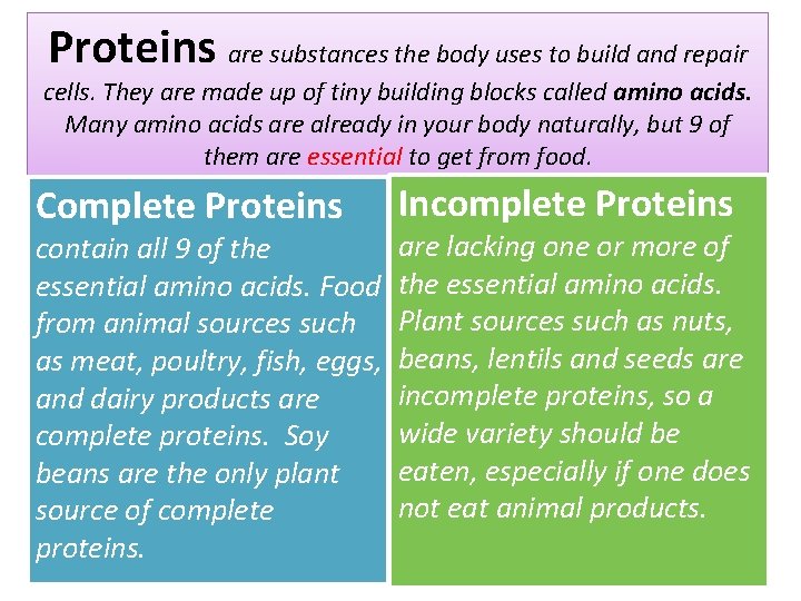 Proteins are substances the body uses to build and repair cells. They are made