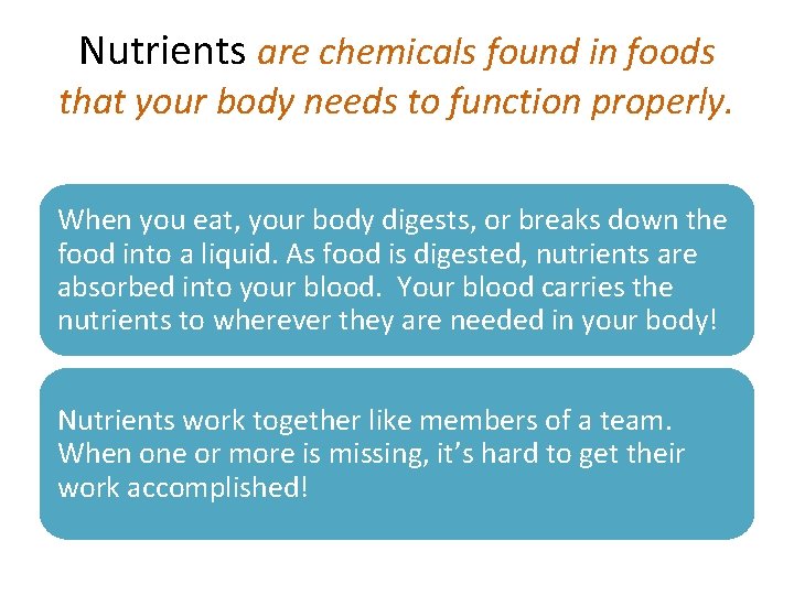 Nutrients are chemicals found in foods that your body needs to function properly. When