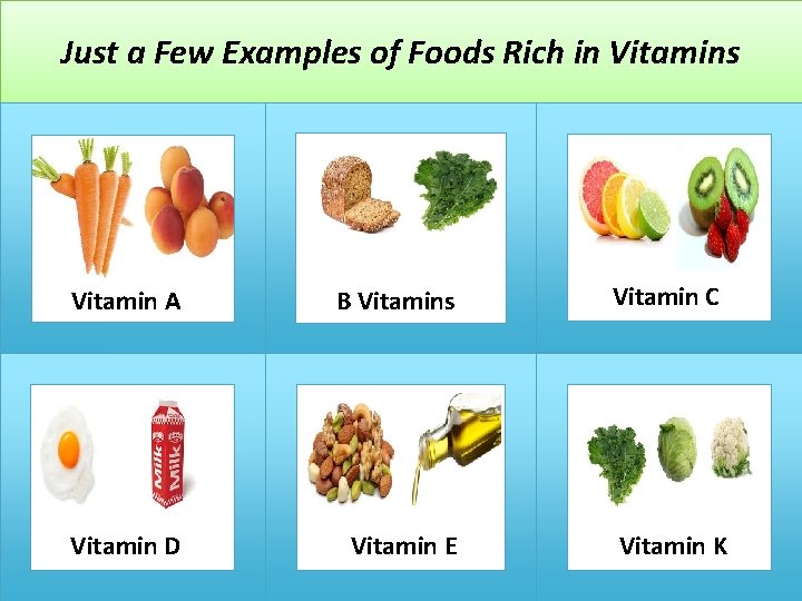Just a Few Examples of Foods Rich in Vitamins Vitamin A B Vitamins Vitamin