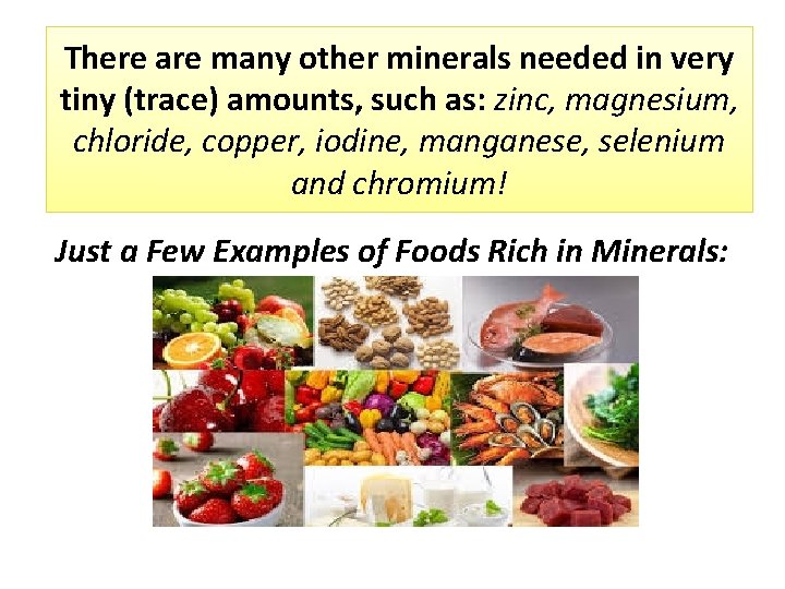 There are many other minerals needed in very tiny (trace) amounts, such as: zinc,