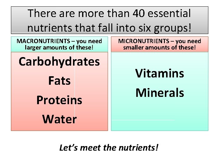 There are more than 40 essential nutrients that fall into six groups! MACRONUTRIENTS –