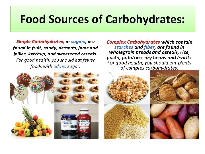 Food Sources of Carbohydrates: Simple Carbohydrates, or sugars, are found in fruit, candy, desserts,