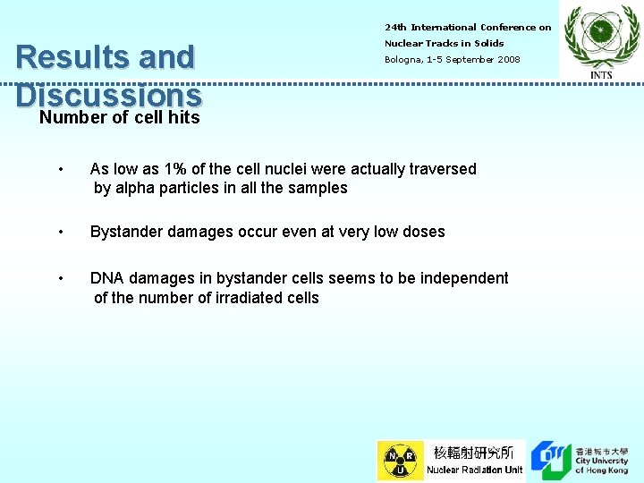 24 th International Conference on Results and Discussions Number of cell hits Nuclear Tracks