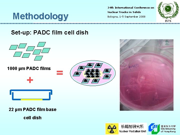 24 th International Conference on Methodology Set-up: PADC film cell dish 1000 µm PADC