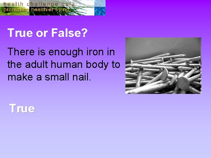 True or False? There is enough iron in the adult human body to make