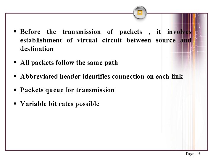 § Before the transmission of packets , it involves establishment of virtual circuit between