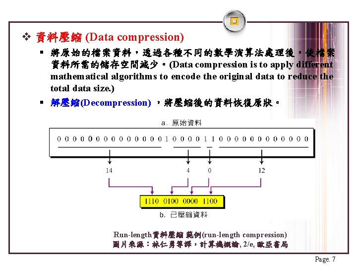 v 資料壓縮 (Data compression) § 將原始的檔案資料，透過各種不同的數學演算法處理後，使檔案 資料所需的儲存空間減少。(Data compression is to apply different mathematical algorithms