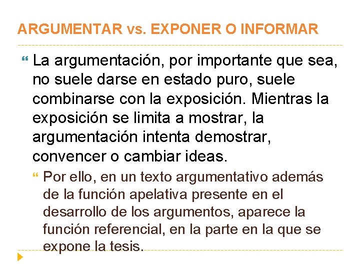 ARGUMENTAR vs. EXPONER O INFORMAR La argumentación, por importante que sea, no suele darse