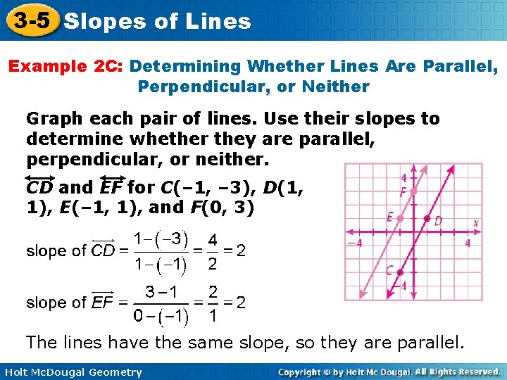 3 -5 Slopes of Lines Example 2 C: Determining Whether Lines Are Parallel, Perpendicular,