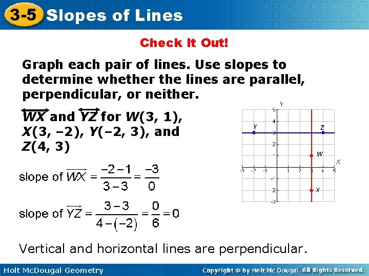 3 -5 Slopes of Lines Check It Out! Graph each pair of lines. Use