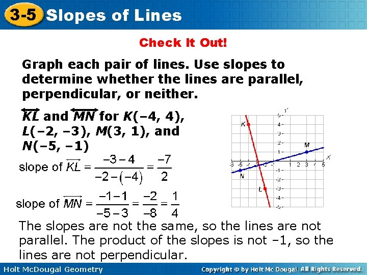 3 -5 Slopes of Lines Check It Out! Graph each pair of lines. Use
