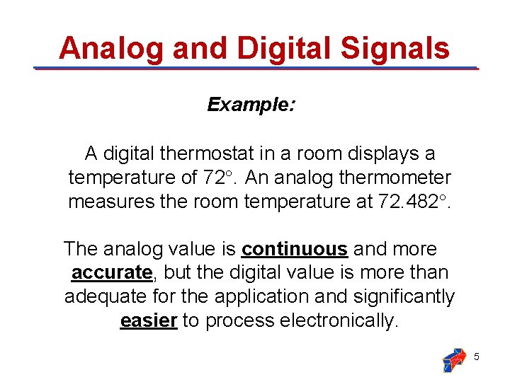 Analog and Digital Signals Example: A digital thermostat in a room displays a temperature