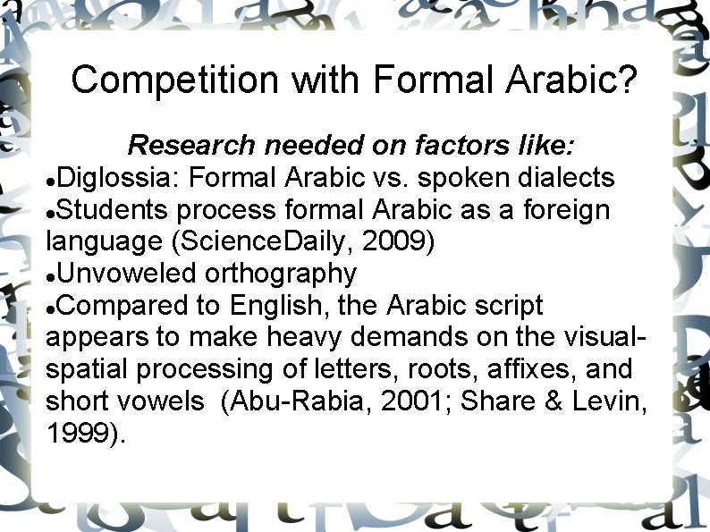 Competition with Formal Arabic? Research needed on factors like: Diglossia: Formal Arabic vs. spoken