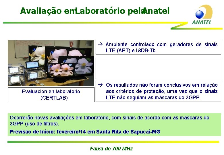 Avaliação em. Laboratório pela. Anatel Ambiente controlado com geradores de sinais Camada de Aplicação