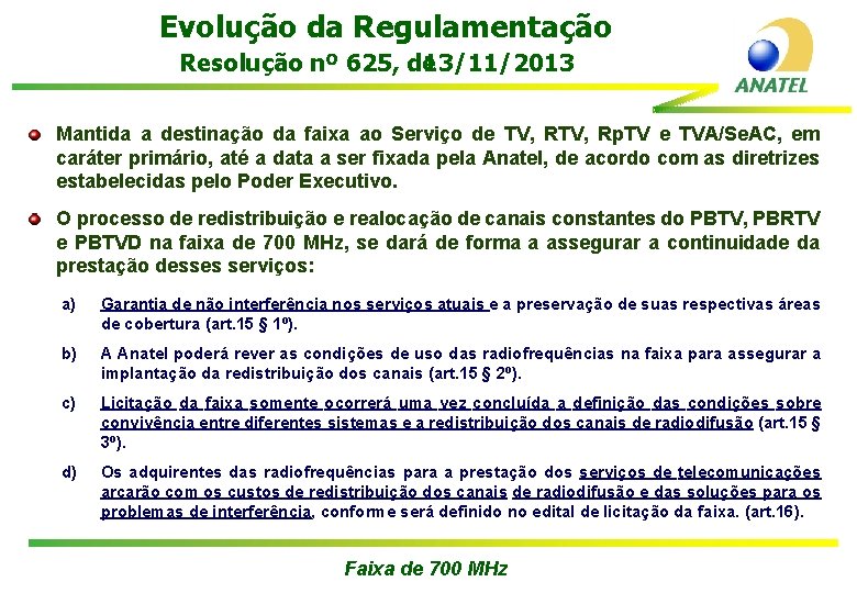 Evolução da Regulamentação Resolução nº 625, de 13/11/2013 Mantida a destinação da faixa ao