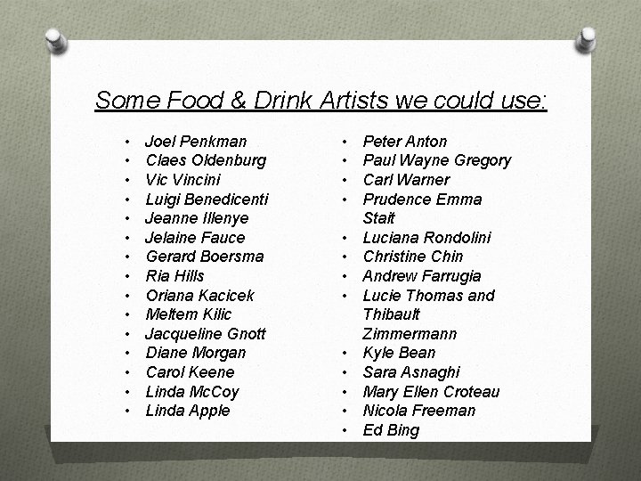 Some Food & Drink Artists we could use: • • • • Joel Penkman