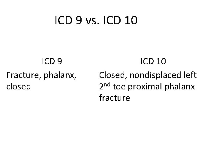 ICD 9 vs. ICD 10 ICD 9 Fracture, phalanx, closed ICD 10 Closed, nondisplaced ICD 9 vs. ICD 10 ICD 9 Fracture, phalanx, closed ICD 10 Closed, nondisplaced