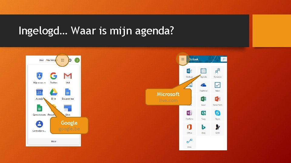 Ingelogd… Waar is mijn agenda? Microsoft live. com Google google. be Ingelogd… Waar is mijn agenda? Microsoft live. com Google google. be