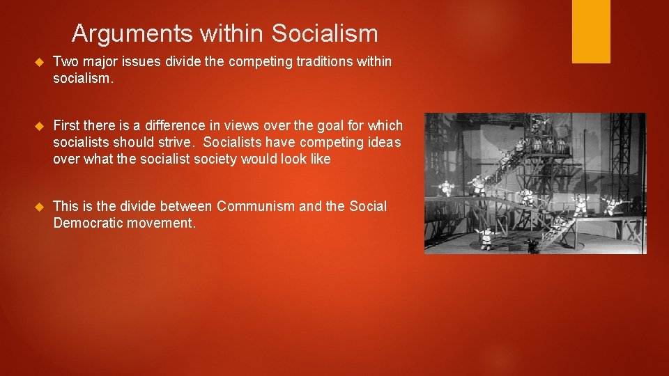 Arguments within Socialism Two major issues divide the competing traditions within socialism. First there Arguments within Socialism Two major issues divide the competing traditions within socialism. First there