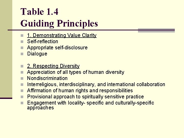 Table 1. 4 Guiding Principles n n 1. Demonstrating Value Clarity Self-reflection Appropriate self-disclosure Table 1. 4 Guiding Principles n n 1. Demonstrating Value Clarity Self-reflection Appropriate self-disclosure